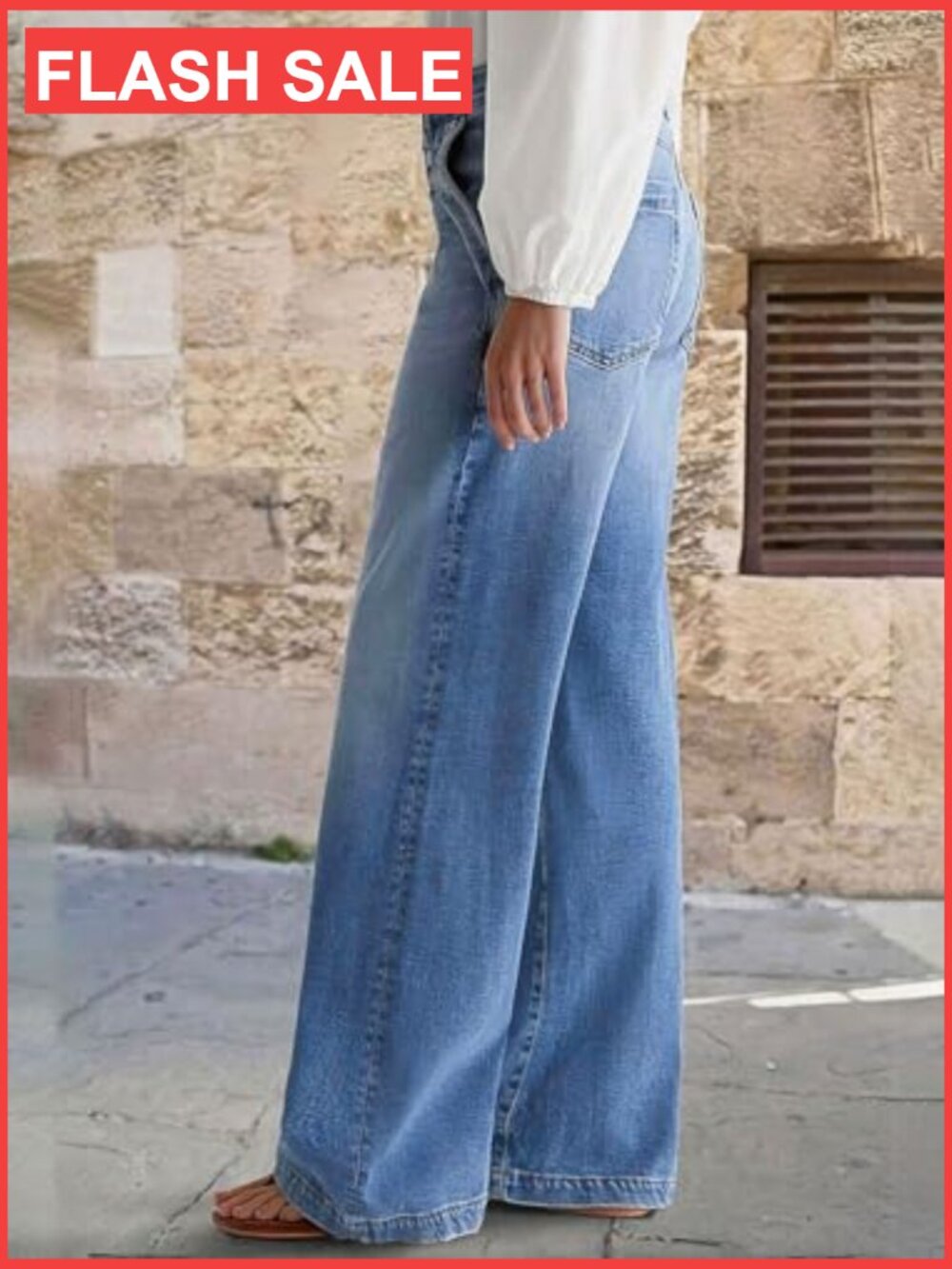 Wide Leg Mid Waist Baggy Jeans Stitch Decor Denim Pants - Picture 2 of 7